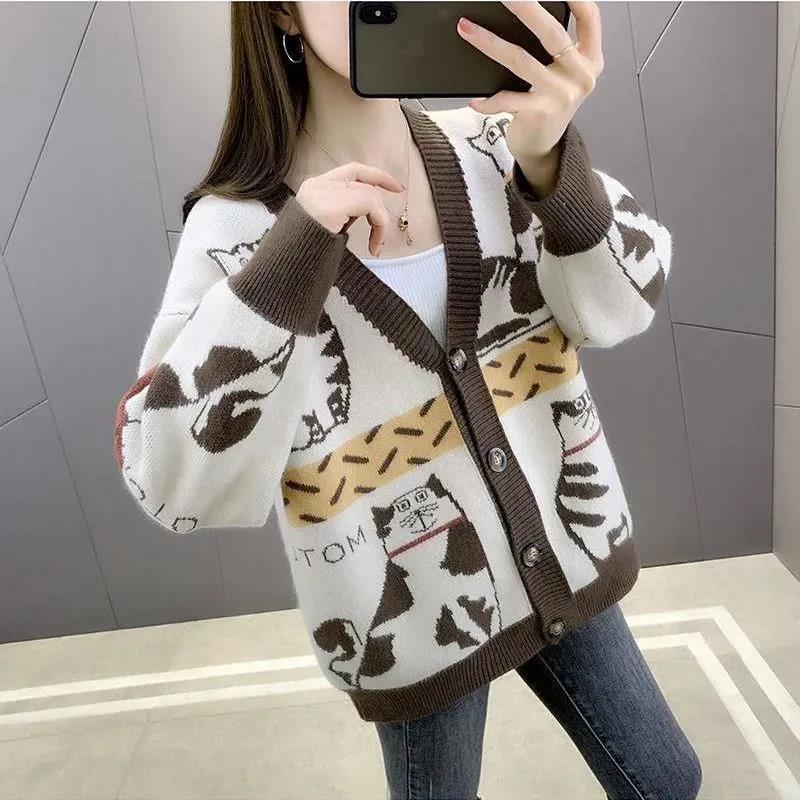 Autumn and Winter Loose Knitted Sweater Versatile Wear Fashion Casual Cartoon Kitten Color Matching V-neck Sweater Jacket Women