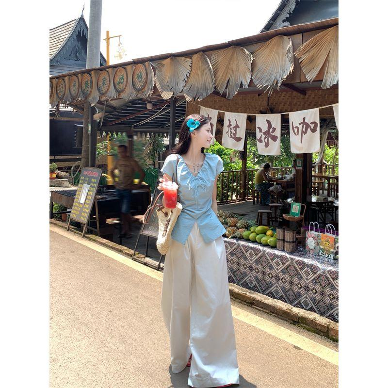Kumikumi Sweet Style Set Blue Pleat Short sleeve Shirts Women Summer High Waist Slimming Wide Leg Pants Two-piece Set
