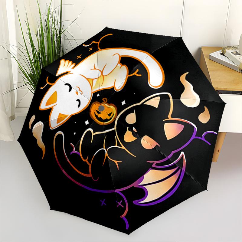 

1pc Halloween White Cat & Black Cat Automatic Opening and Closing Umbrella - Lightweight 3-Fold Design, Suitable for Fans, Travel, Daily Use - Of