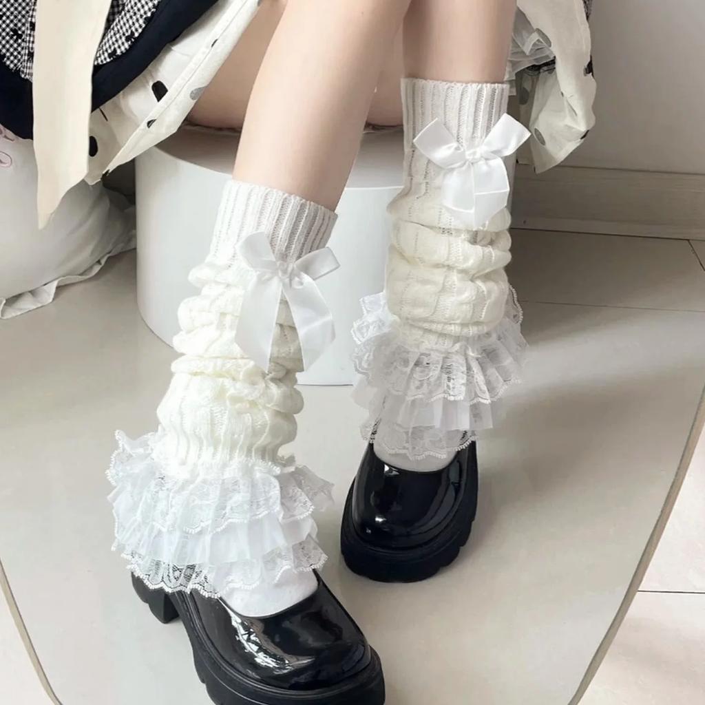Ruffle Lace Woman Leg Warmers Cable Knit Socks Cute New Japanese Lolita Sweet Girl Foot Cover Calf Socks Boot Cuffs Slouch Socks