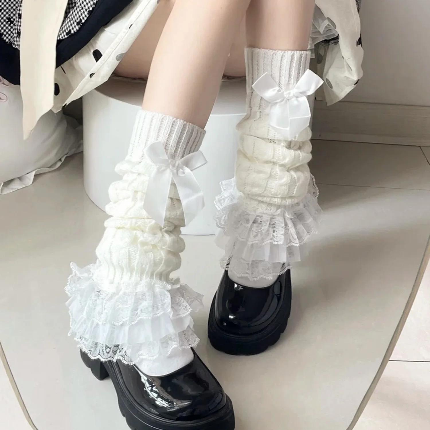 

Ruffle Lace Woman Leg Warmers Cable Knit Socks Cute New Japanese Lolita Sweet Girl Foot Cover Calf Socks Boot Cuffs Slouch Socks One Size білий