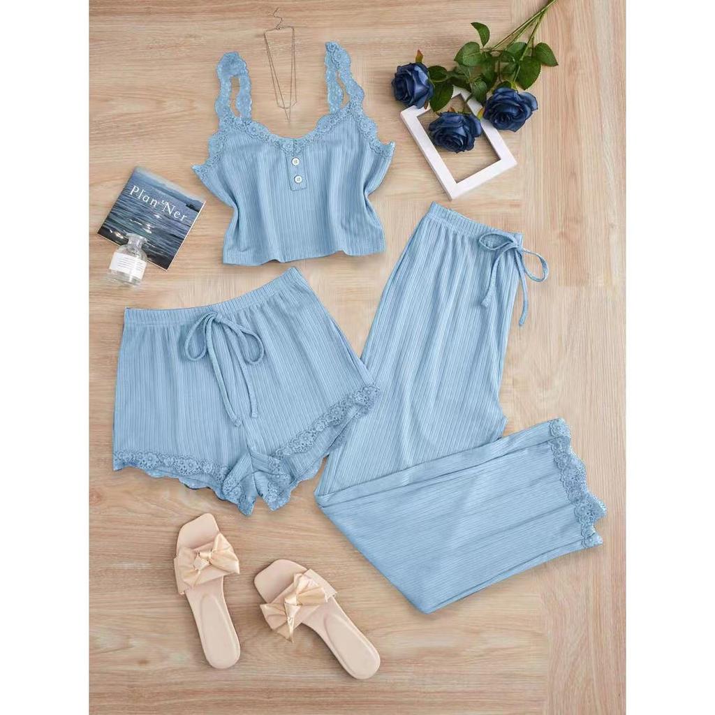 Women's Summer 3PCS Pajama Sets Solid Vest Shorts and Pants Paired with Lace Splicing for Homewear Sexy Sleepwear Sets