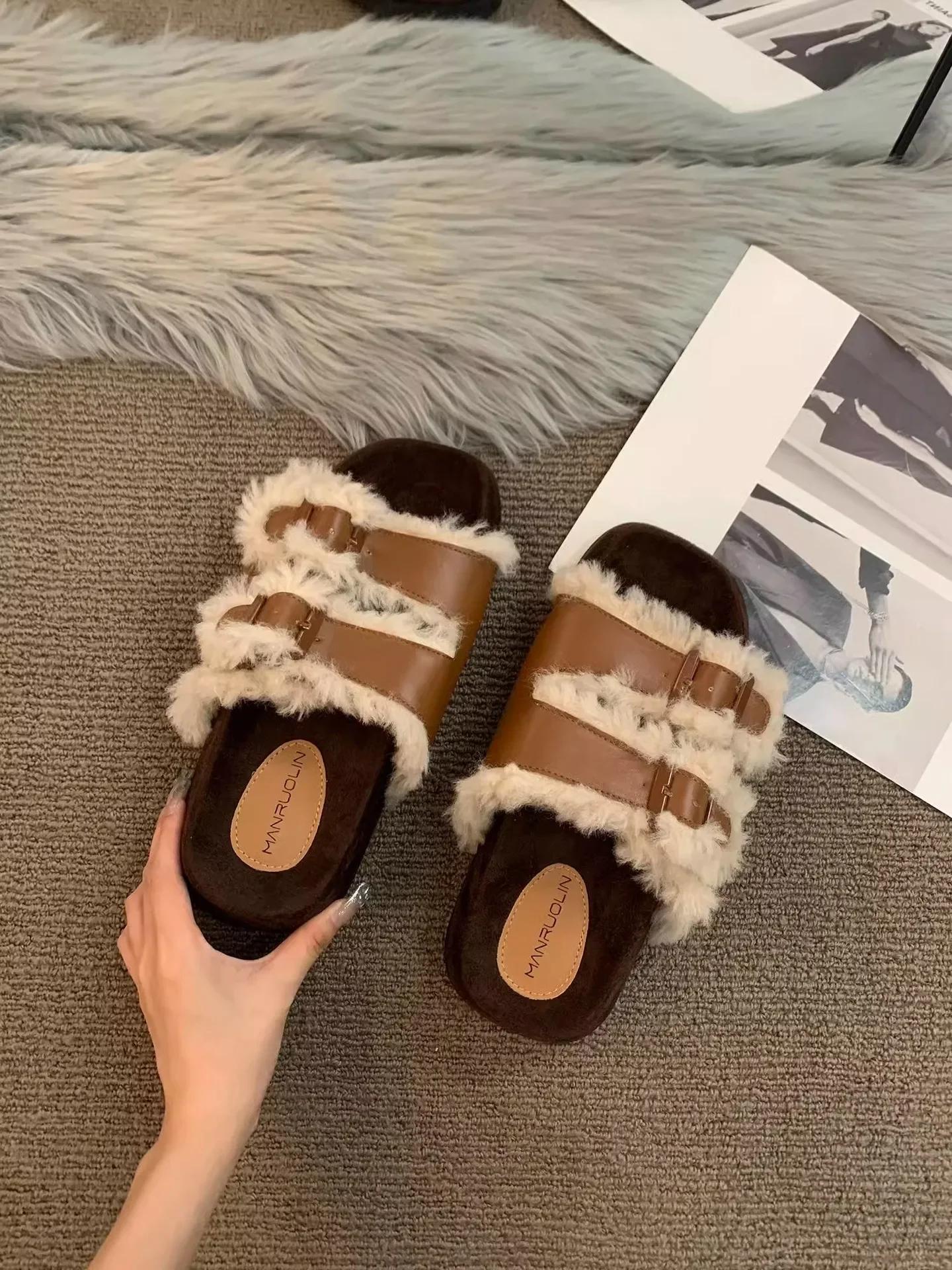 

Fashion Fashion Fluffy Women Plush Fur House Slippers Sandals Non-Slip Indoor Boots Female For Home Use Luxury Thick Flats Outdoor Shoes 35 коричневый