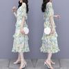 Elegantes florales Chiffonkleid Sommer Slim Taille Stufenrock Frischer Stil Mode