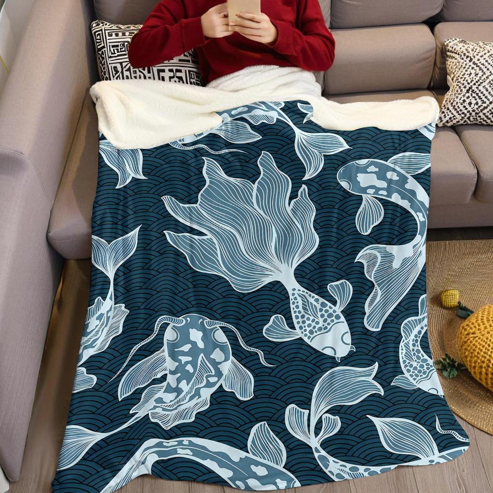 Koi & Wave Flannel Blanket Warm Soft Halloween Christmas Couch Warm Cozy Decorative Decor Gift for All Season