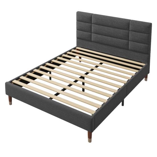 Solid Wood Slatted Frame Bed Upholstered Bed Double with Frame 140x200cm Flat Headboard for Adults & Young People (Mattress Not Included) Children