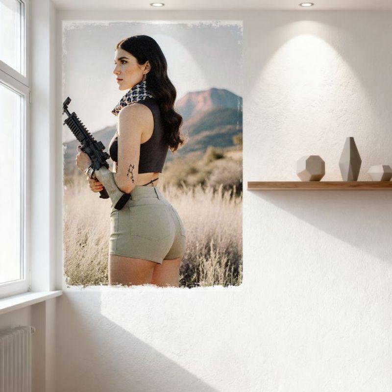 Sexy Woman Long Wavy Hair Dark Gray Crop Top High-Waisted Beige Shorts Black Rifle Tin Sign Vintage Metal Poster for Bar Pub Hom