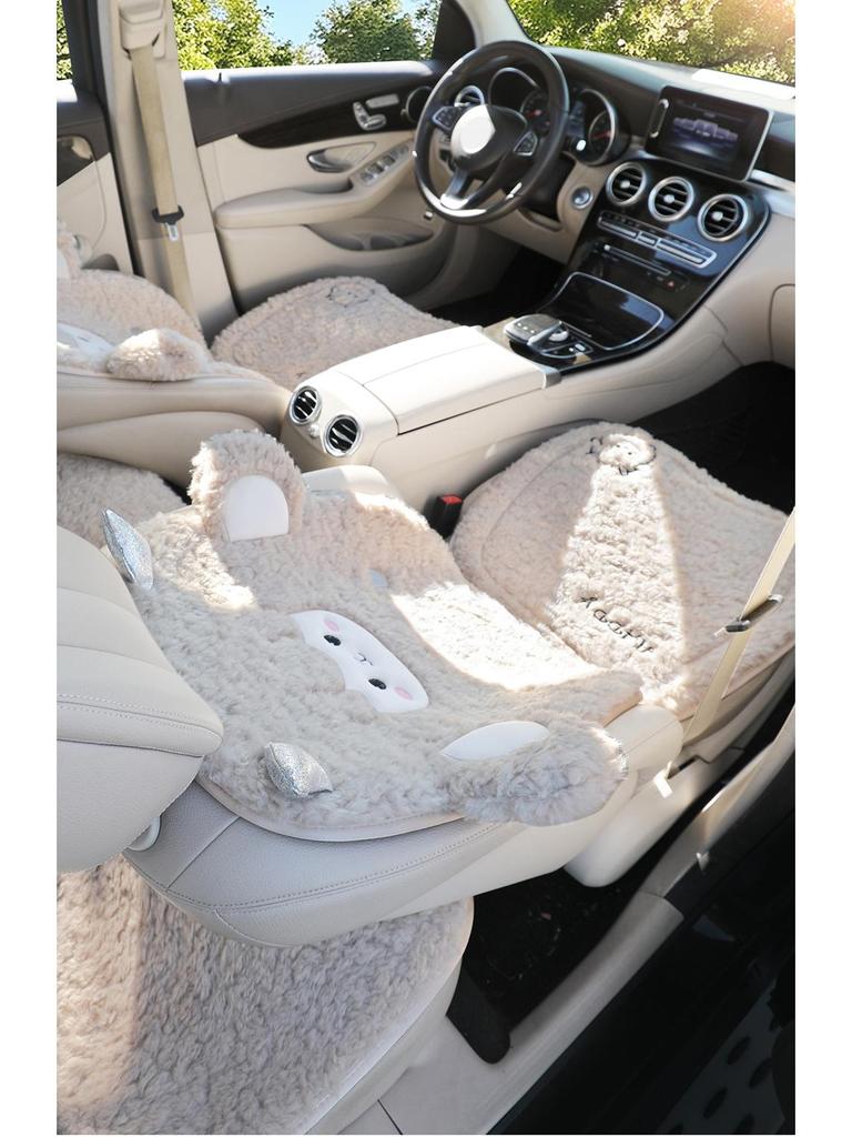Universal Embroidered Lambswool Car Seat Cushion Set - Winter Warm 3-Piece Interior Decor.