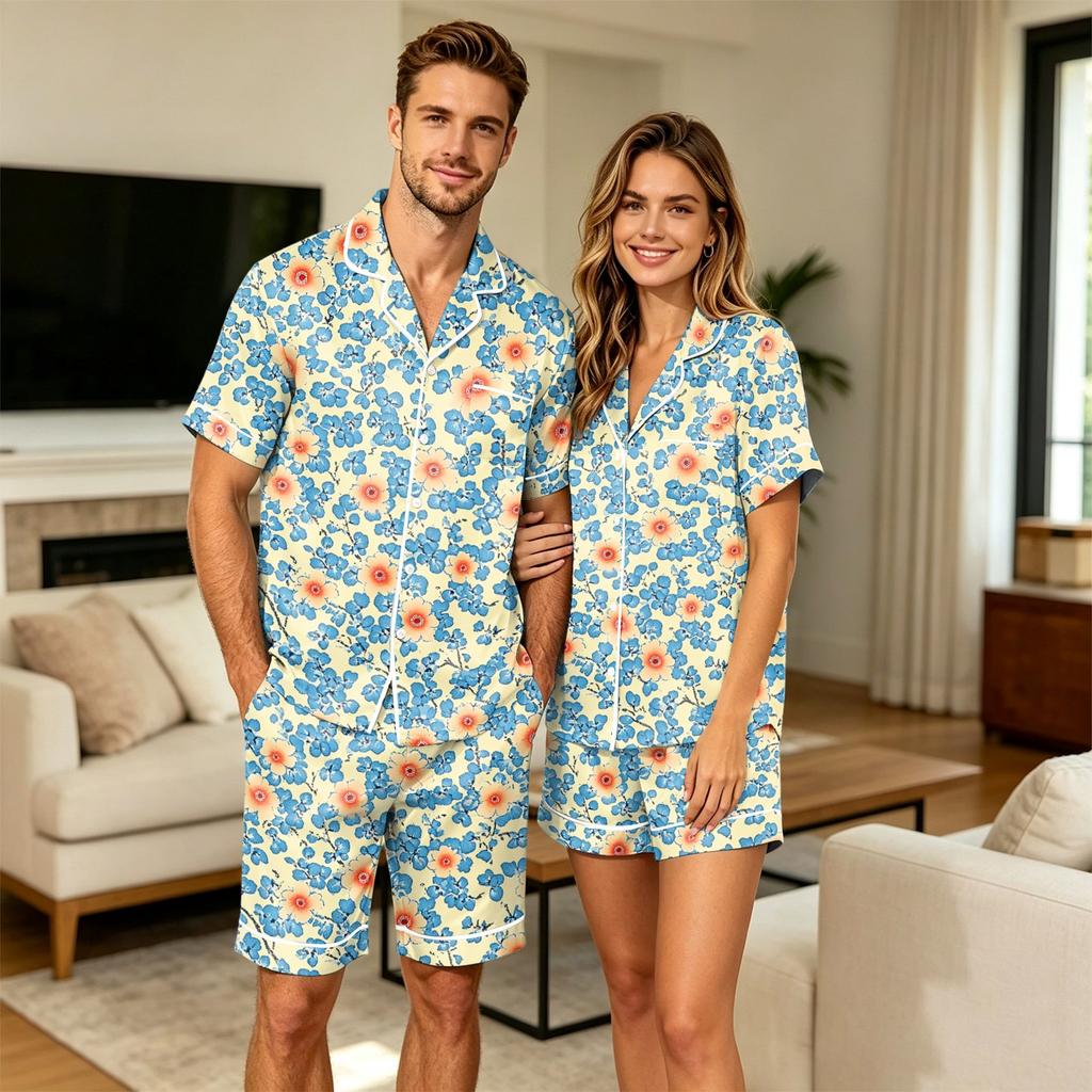 Herenbloemenprint Korte Mouw Pyjamaset met Borstzak voor Casual Slaapkleding en