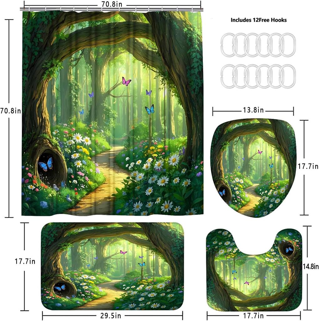 8styles 4Pcs Bathroom Shower Curtain Set Green Tree Nature Bathroom Curtain With 12 Hooks Non Slip Rugs Toilet Cover Mat Bathroom Partition