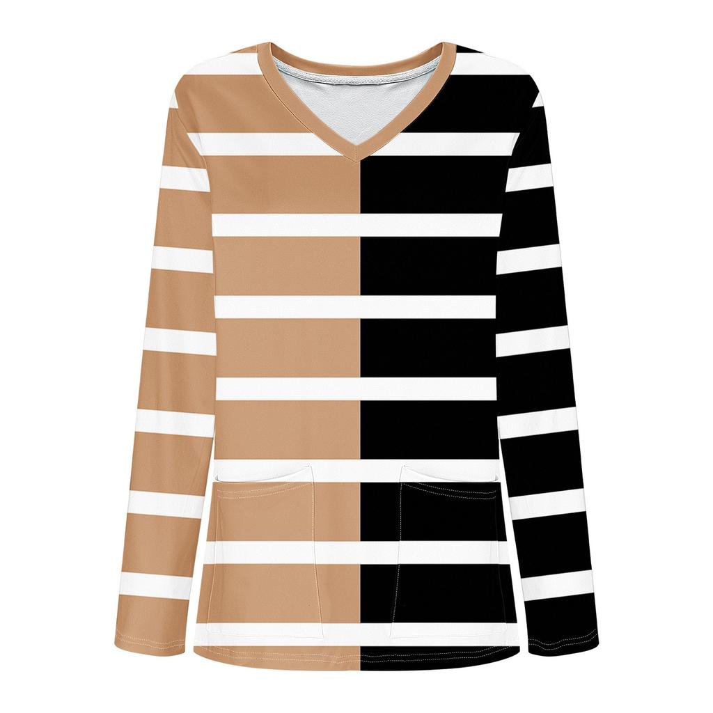 Women's Fashion V-Neck Long Sleeve Workwear With Pocket Striped Printed T-Shirt Top
