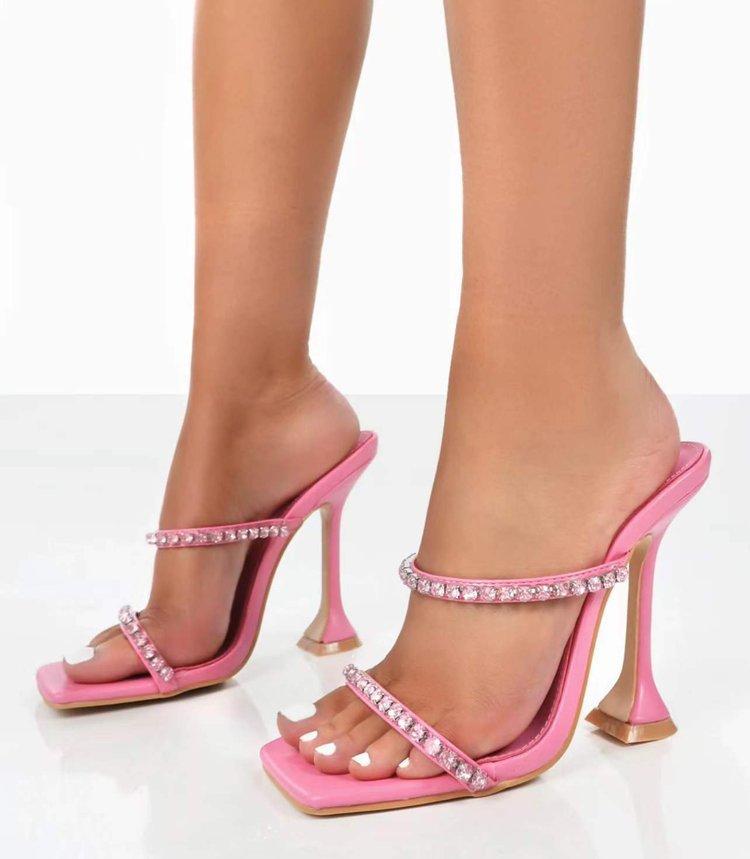 

Летние стразовые шлепанцы на высоком каблуке с квадратным носком, модные крутые шлепанцы 43 розовый