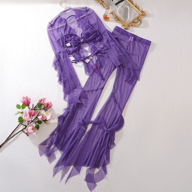 

European and American 2025 Sexy Juchun Wants to See through Frill Casual Yarn Pants Ultra Short Wrap-around Cardigan Women Four-Piece Set Purple S