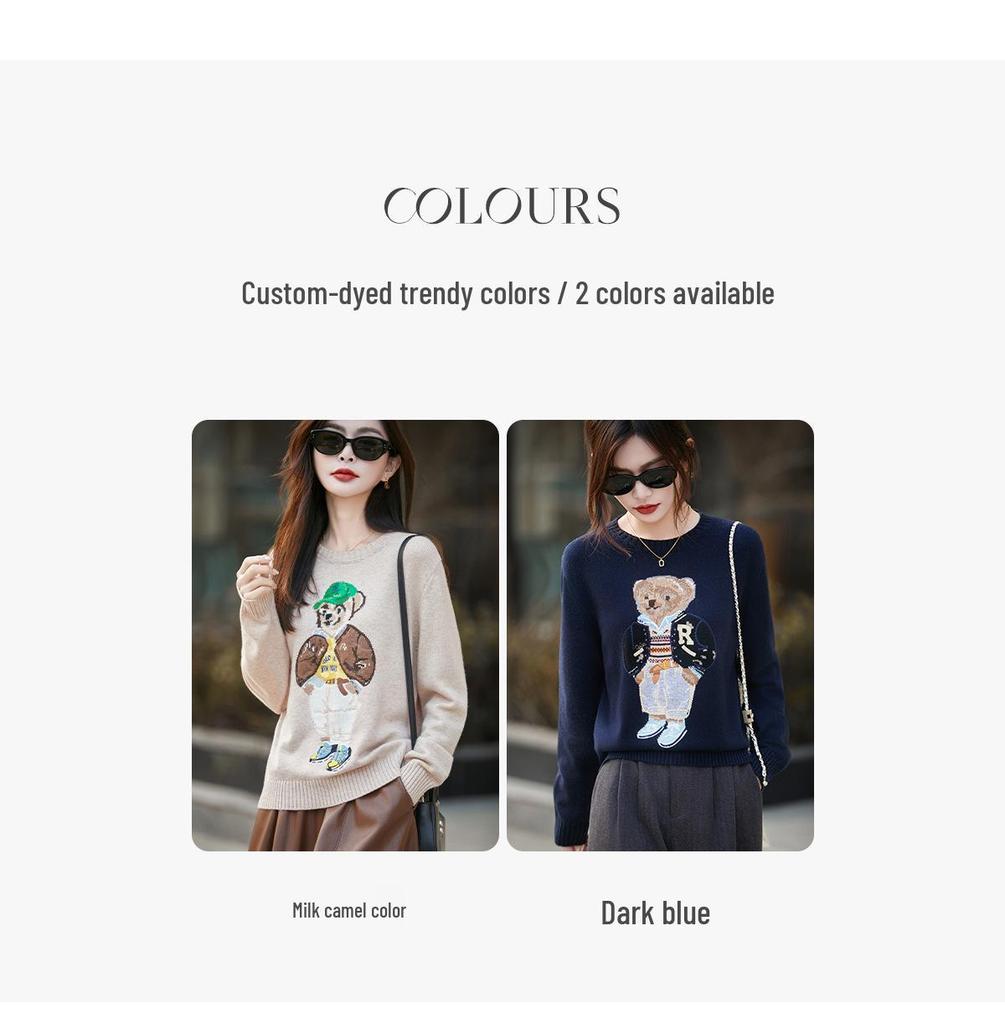 Cozy Cute Bear Embroidered Round Neck Pullover for Autumn/Winter