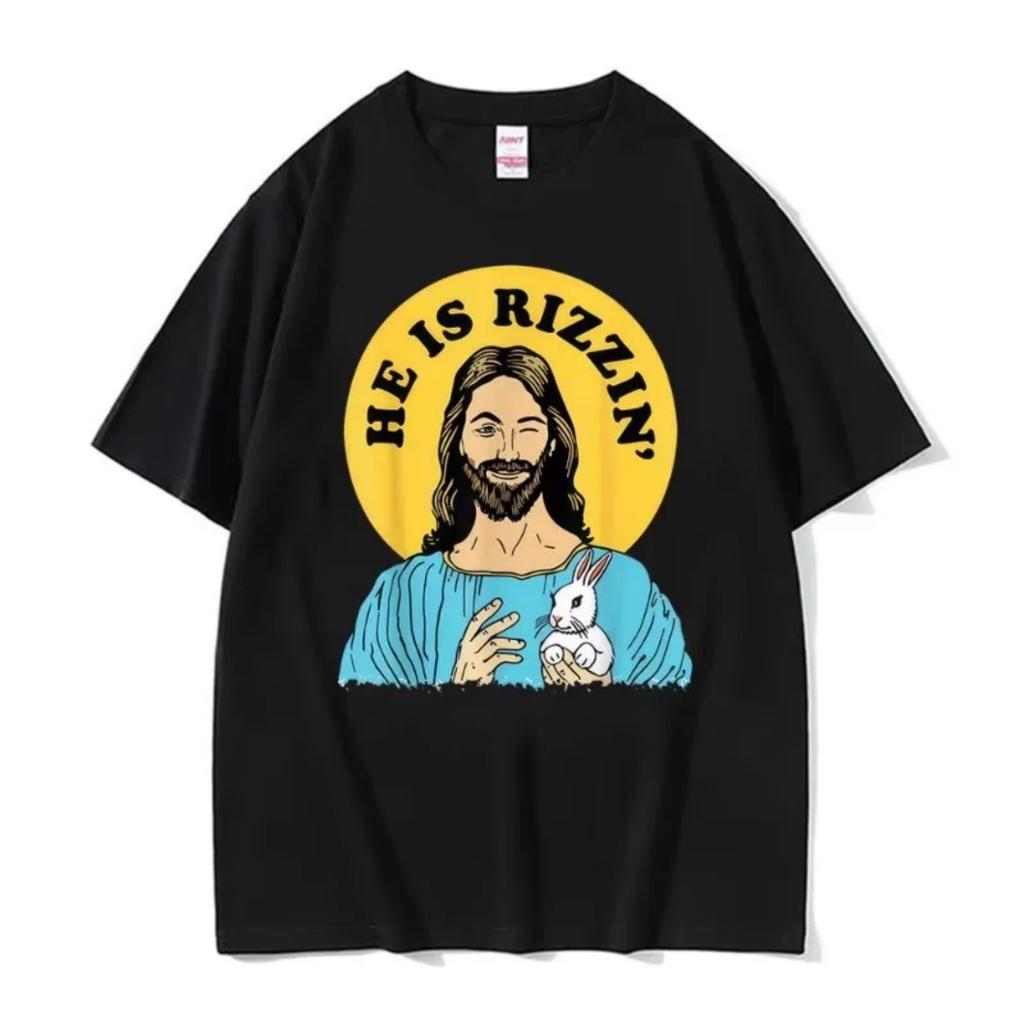 He Is Rizzin Jesus Funny Meme Graphic T Shirts Men Women Fashion Humor Streetwear T-shirts Casual 100% Cotton Oversized T-shirt