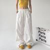 Women's Solid Color Wide-Leg Cargo Pants with Drawstring and Cuffs - Spring Summer 2025 High-Waist, Loose, Floor-Length