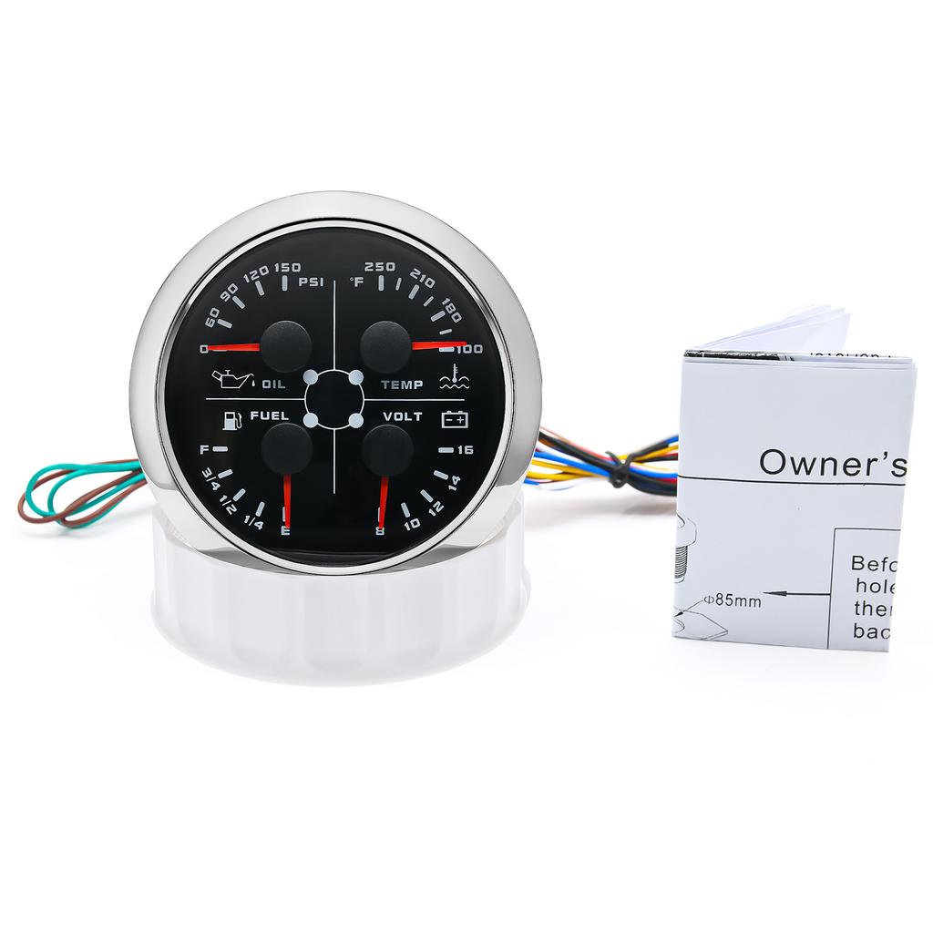 85mm 4 in 1 Gauge Oil Press Gauge Water Temp Meter Fuel level Gauge Voltmeter With Alarm For Marine Boat Car Waterproof 12V 24V