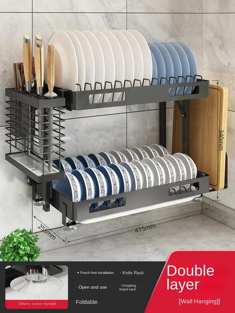 Wall Mounted Dish Drying Rack, Stainless Steel Hanging Bowls Drainer with Cutlery Holder, Drainboard, Plates Cups Storage Shelf