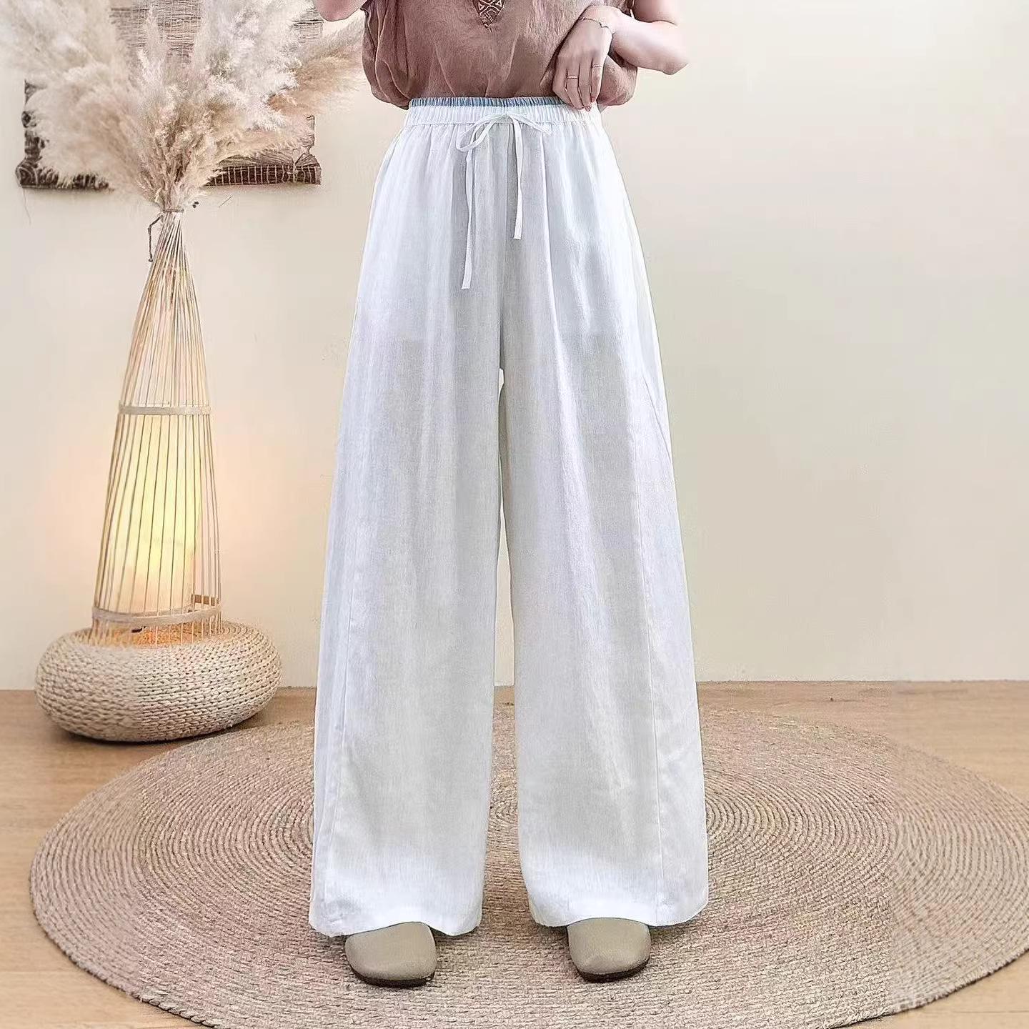 

Women s Retro Linen Lace-Up Wide-Leg Pants - 2026 Spring Collection: Elastic Waist, Casual Fit One Size білий