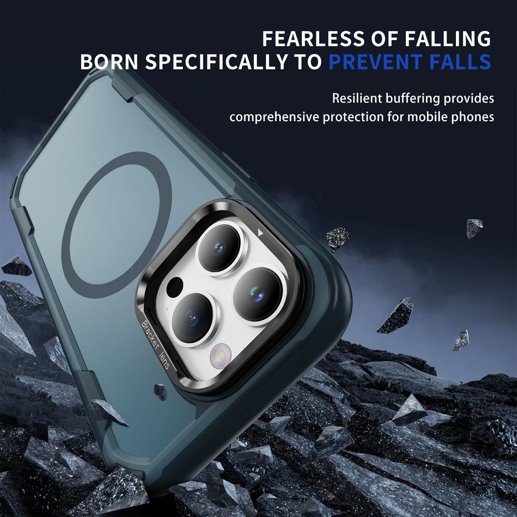 For iPhone 15 Pro Case Compatible with MagSafe Lens Frame Kickstand TPU+PC Shockproof Phone Cover