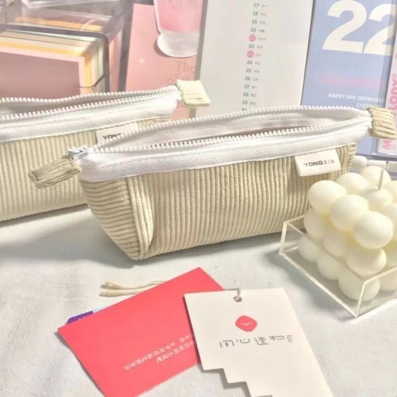 

1pcs Simple Solid Color Corduroy Pencil Case Student Portable Stationery Storage Box Multifunctional Pencil Bags бежевий