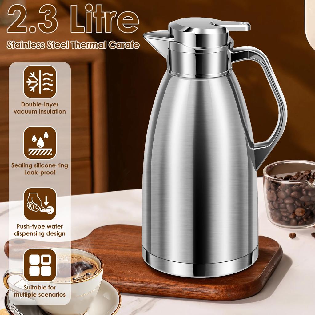 2.3L Thermal Thermos Stainless Steel Double Wall Insulated Jug Insulated 24 H Vacuum Tea Jug for Coffee Milk Tea Beverage Juice