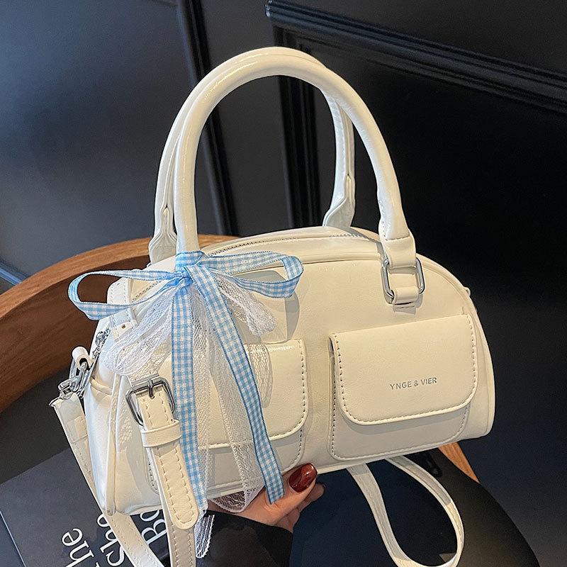 French Sweet Fashion High Sense Portable Boston Bag Niche Design Simple Solid Color Commuter Messenger Bag Women