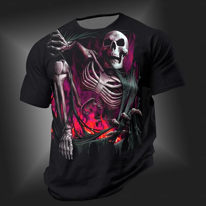 3D Gothic Totenkopf Print Herren T-Shirts Sommer Outdoor Lässig Rundhals Kurzarm T-Shirts Kreatives Persönlichkeitsdesign Herrenkleidung
