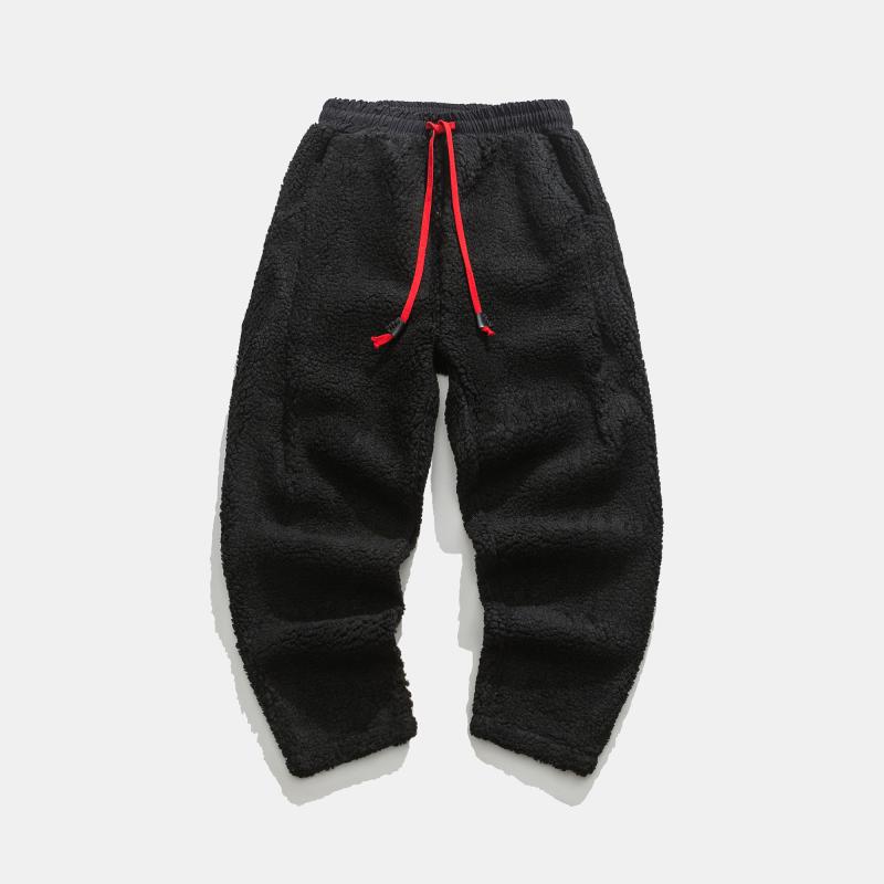 2024 Winter New Men Solid Color Fleece Pants Men Warm Retro Casual Lamb Wool Pants Men Streetwear Hiphop Loose Wide Leg Pants Mens Thick Trousers