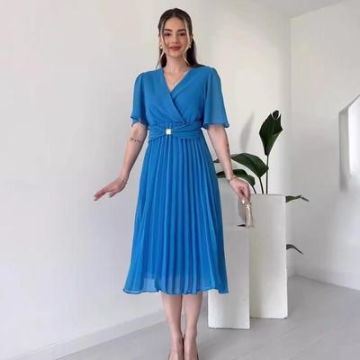 2024 Summer Women's Solid V-Neck Waist-Tie Slimming Dress