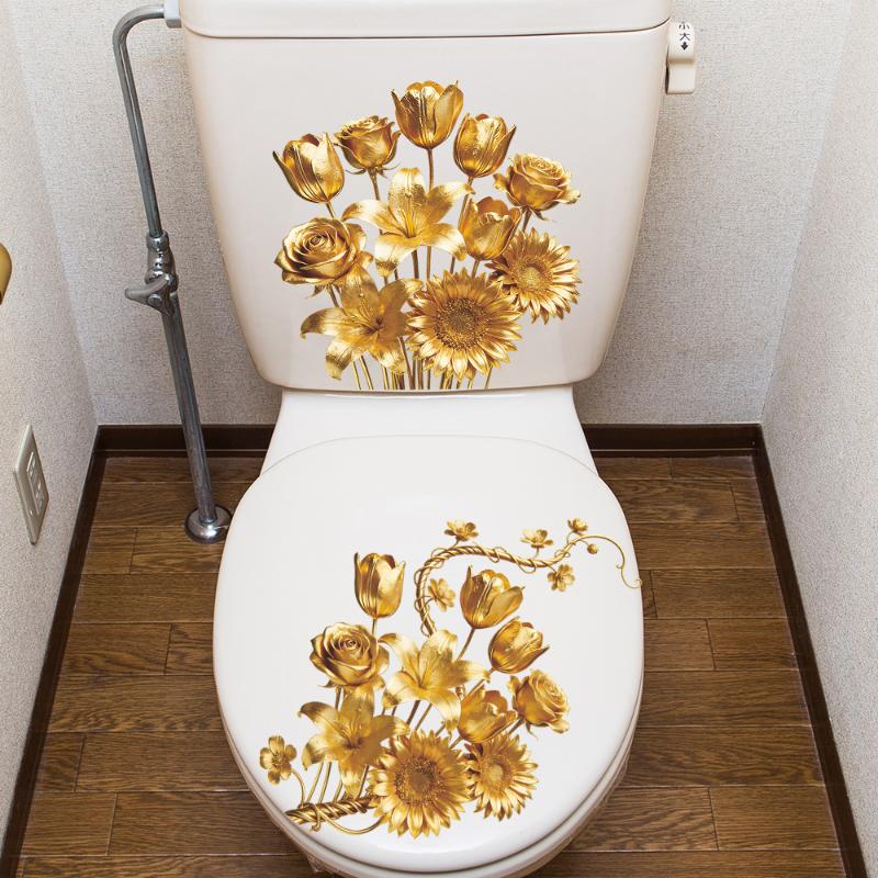 

2 Sheets Bathroom Wall Background Decal Gold Flower Pearl Waterproof Toilt Sticker Home Decoration Self-adhesive Posters