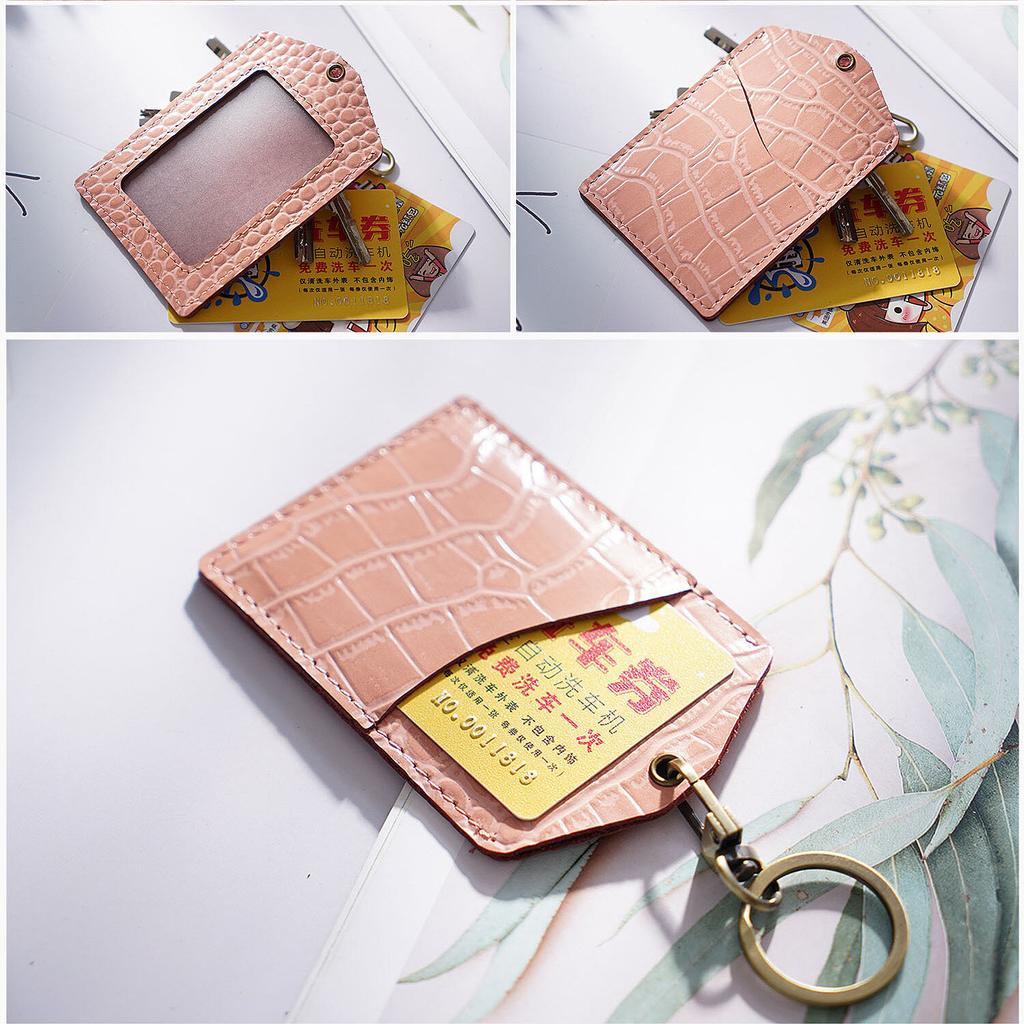 Genuine Leather Crocodile Stripes Office Badge Holder Chest Card Bus Card Campus Access Control Student Meal Card Protective Cases with Keychains