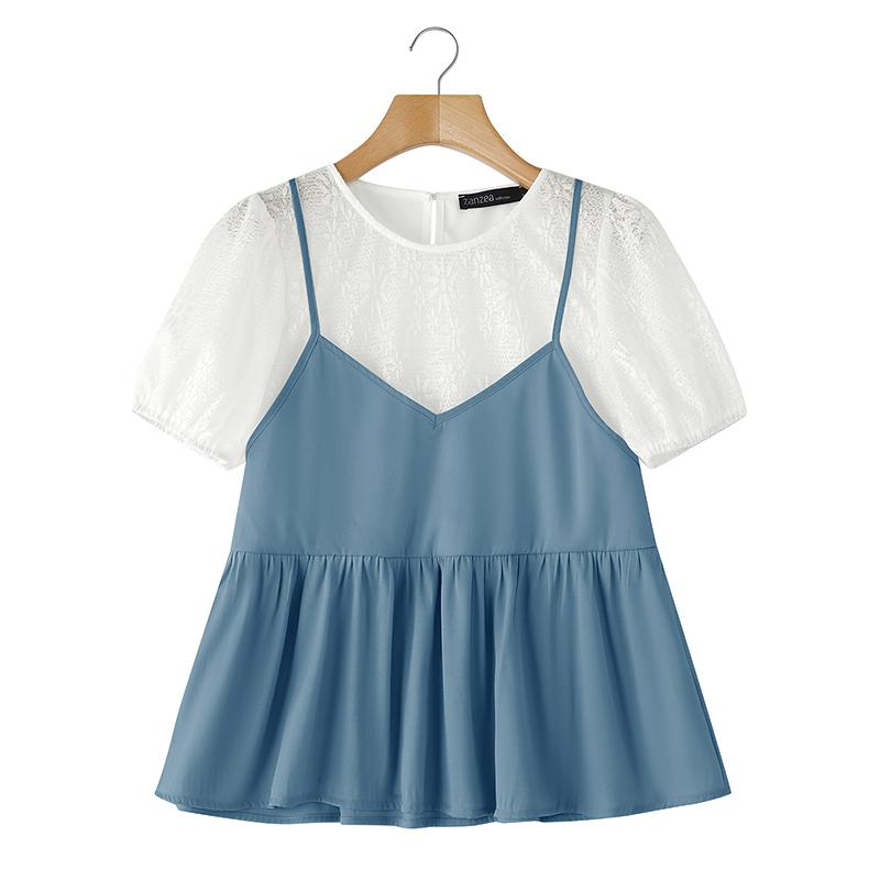 

ZANZEA Женская повседневная блузка из кружева с коротким рукавом, имитация двойки 3XL синий