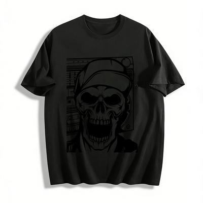 Vintage Trendy Skull Radio Print Street Style Men's Short Sleeve Tee Pure Cotton T-shirt