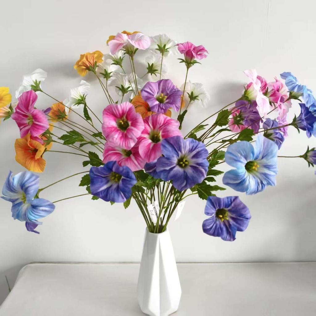 Artificial Multicolor Morning Glory Flower Bouquet Realistic Faux Petunia Blooms with Green Leaves Fake Wildflower Bundle for Vase Home Table Wedding