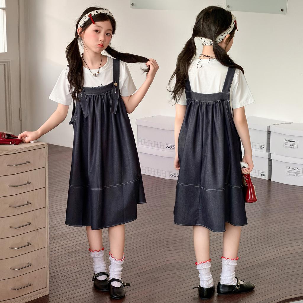 Girls' Summer Dress 2026 New Style Children's Stylish Medium and Large Girls' Summer Dress Cowboy Strap Skirt Two Piece Set