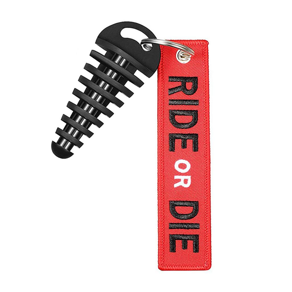 Portable Small Black Exhaust Silencer Pipe Wash Plug with Embroidery for Key Holder Red RIDE OR DIE Keychain