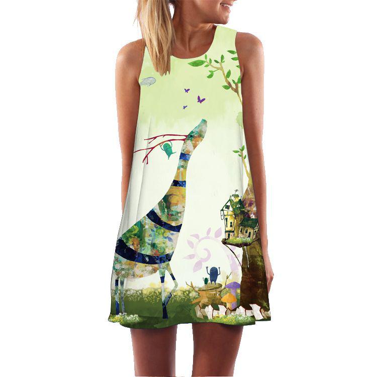 European and American Summer New Retro Digital Printing Round Neck Hot-selling Off-the-shoulder Medium and Long Vest Dress