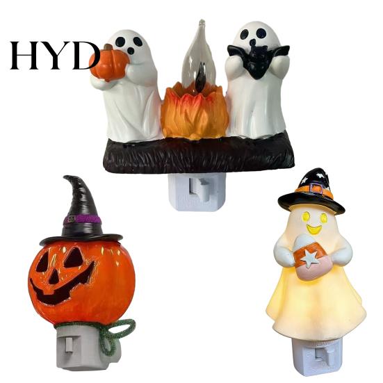 Festive Accent Light Halloween Pumpkin Ghost Night with Witch Hat, Resin Soft Glow Gift for Plug-in LED Bedroom Light, Spooky Wall Sconce Party Home