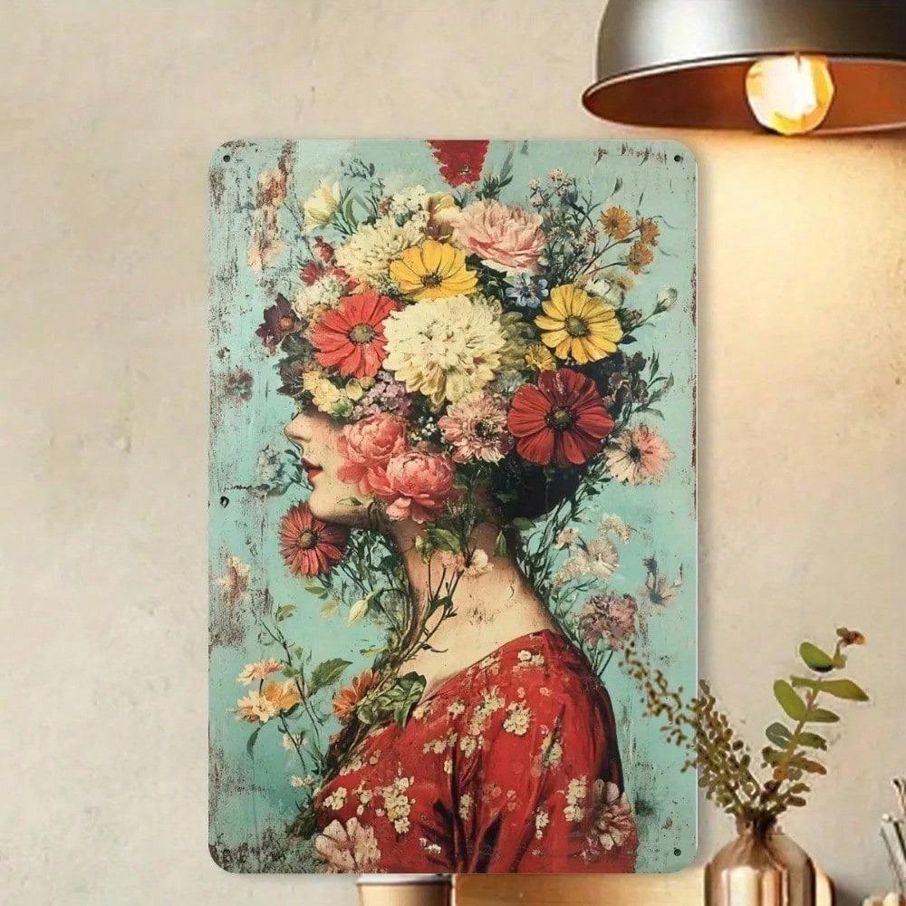 Vintage Woman Flowers Metal Poster Wall Art Garden Home Decor