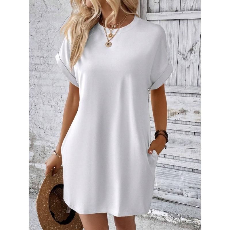Women's Spring and Summer New Solid Color Round Neck Loose Short-sleeved Pocket Dress