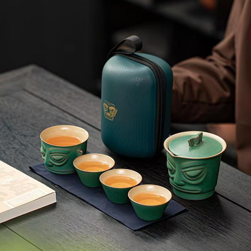 Bronze mask Sanxingdui gift portable travel tea set ceramic merchandise express cup business souvenir