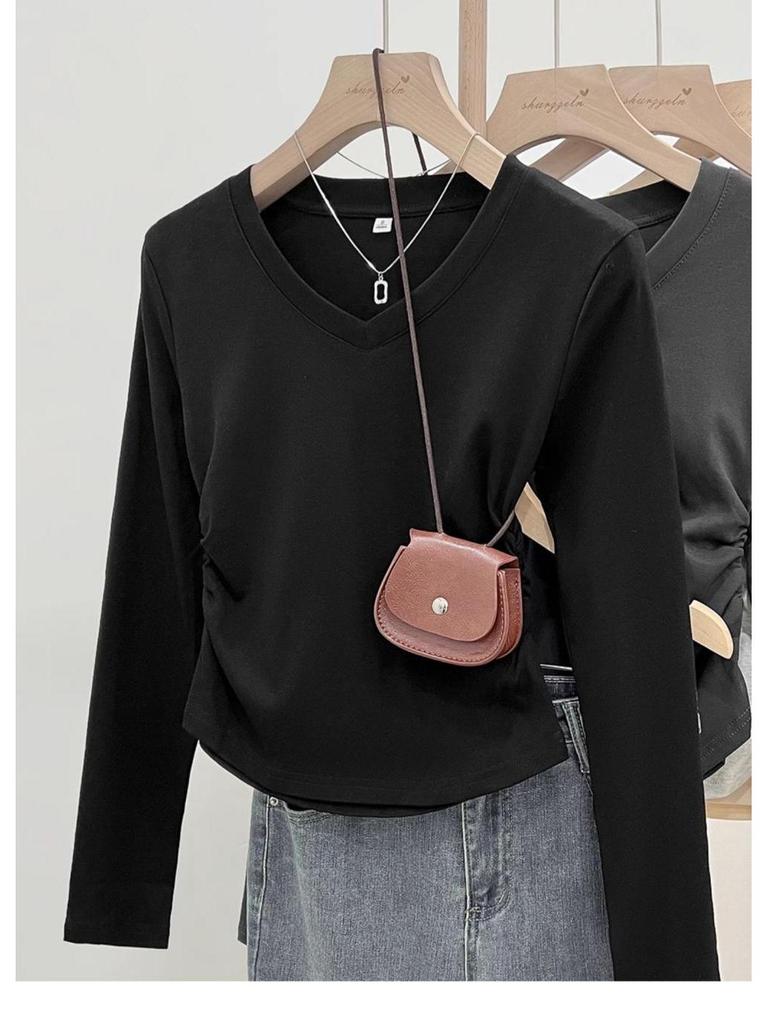 Damen V-Ausschnitt Slim-Fit Langarm-T-Shirt, Neuer Frühling/Herbst Stil mit Raffung an der Taille, Schickes Hot Girl Top, Vielseitiges Basic-Shirt.