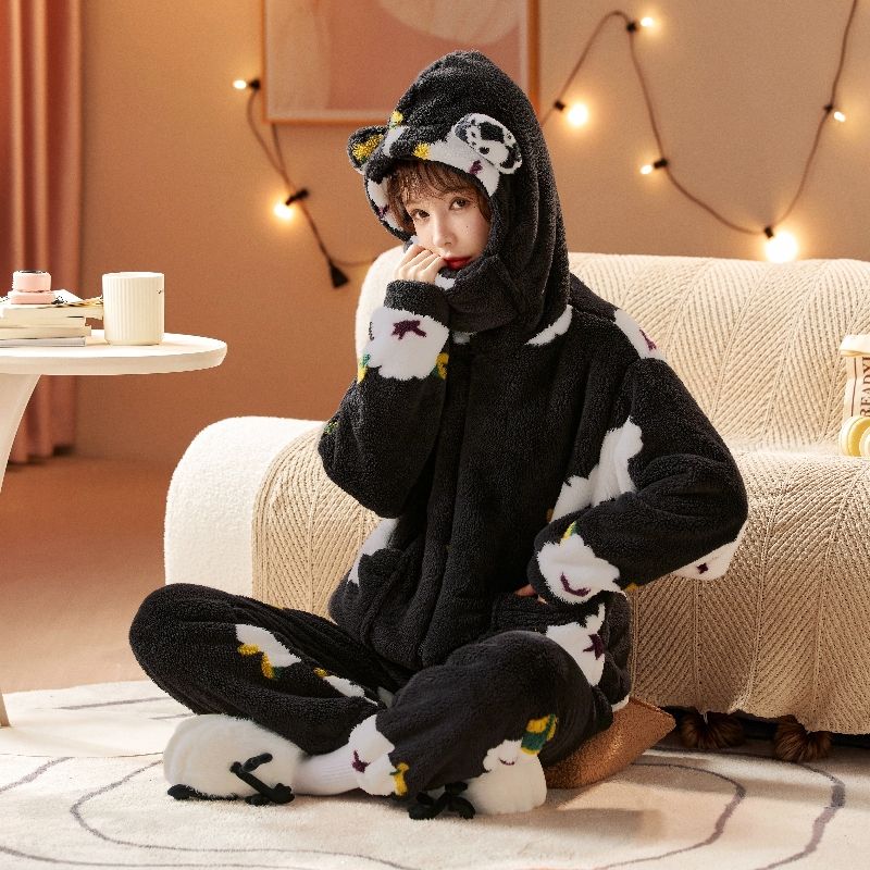 

Пижама женская осень/зима фланелевая флисовая плотная ночная рубашка длинная милая коралловая флисовая домашняя одежда комплект можно носить на улице удобно 2XL