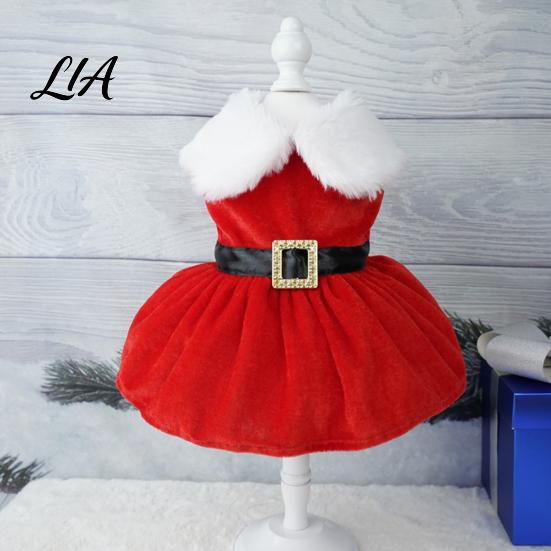 Cute Dog Costume for Christmas Party Velvet Dress, Red Festive Dress with Fleece Collar, Sleeveless Easy to Wear Apparel Puppy Cozy Holiday Small Dogs