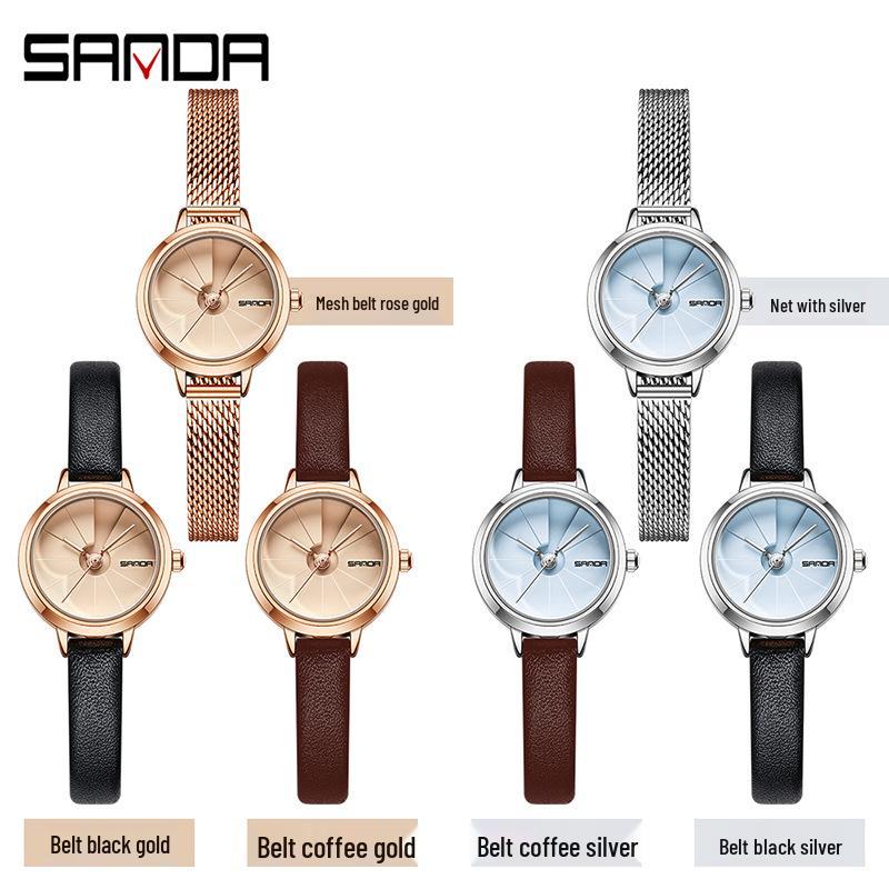 Sanda Women's Waterproof Quartz Wristwatch – Simple Round Dial, Leather & Mesh Strap, Lightweight & Stylish.