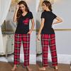 Summer Sleeping Suit for Women 2 Pieces Pajamas Set V Neck Short Sleeves Heart Printed Shirts and Plaid Long Pants Leisure Home Wear Nighty