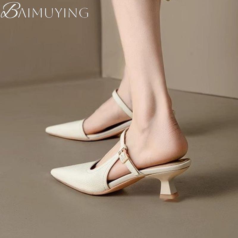 Fashion Women Slippers Pointed Toe Heeled Sandals Loafers Shoes Woman Mules Summer 2025 Trend Soft Leather Elegant Dress Mujer Slides