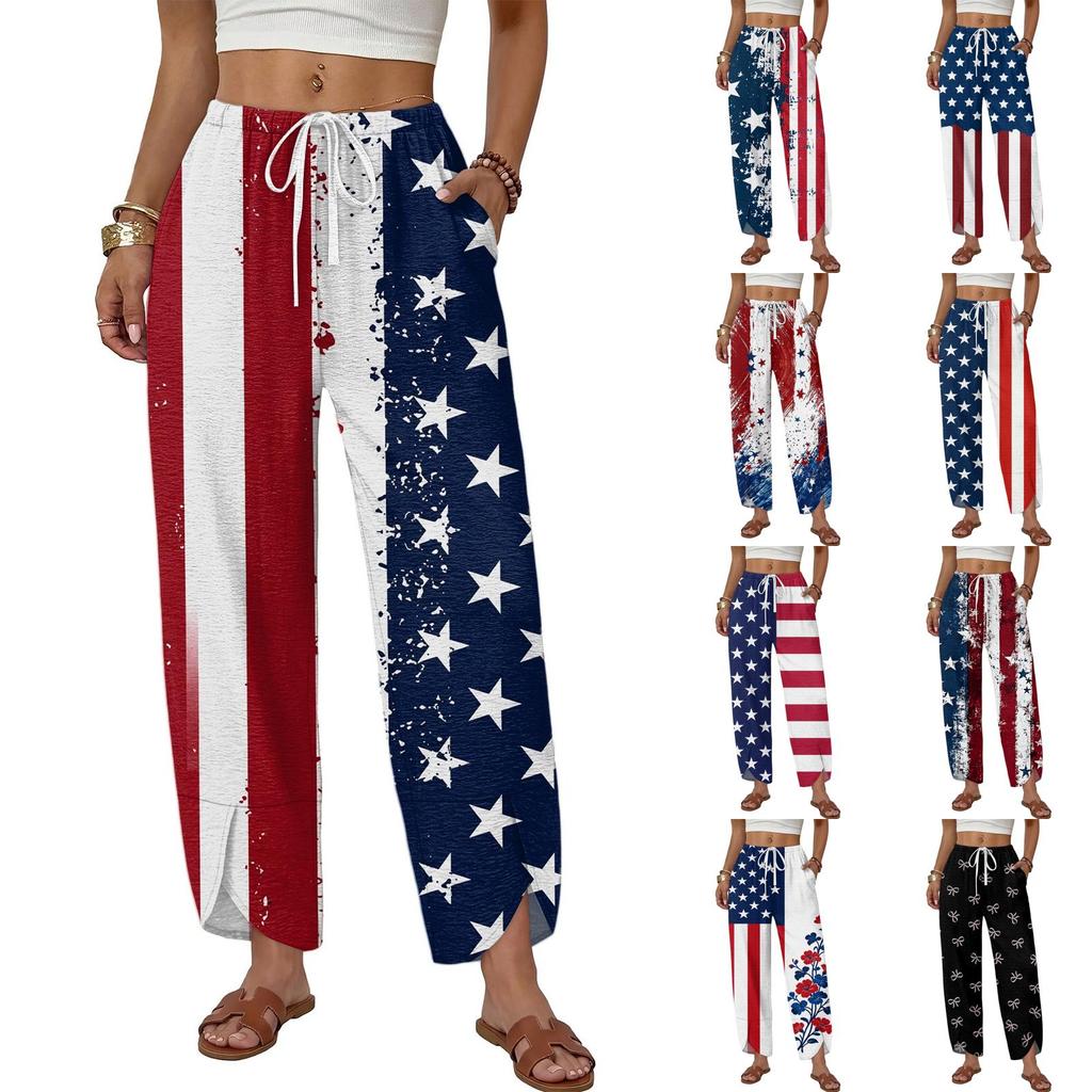 Women Casual Loose Straight Leg Wide Leg Drawstring Printed Long Pants with Pockets for Everyday Relaxed Wear