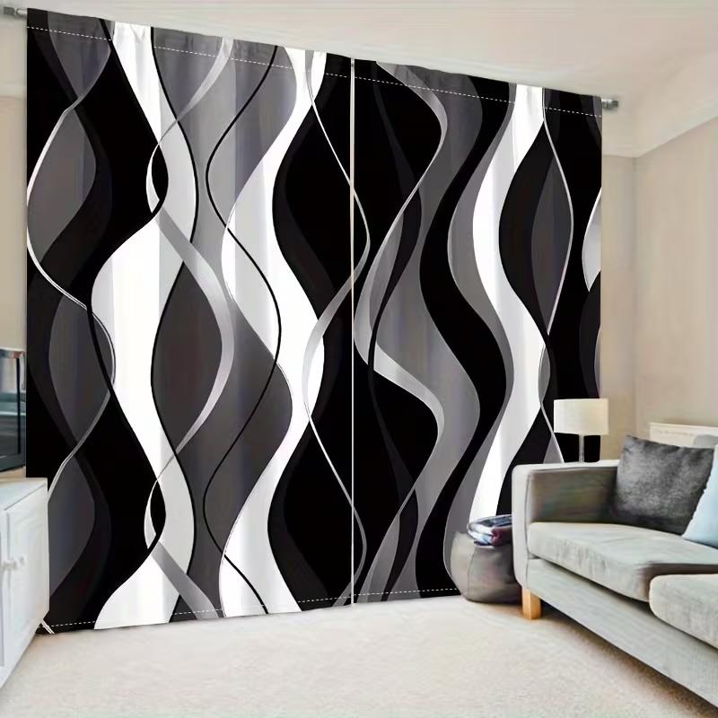 2pcs Black and White Wave Patterned Curtains   Design for Living Room Bedroom Modern Home Window Decoration   Rod Pocket Curtains